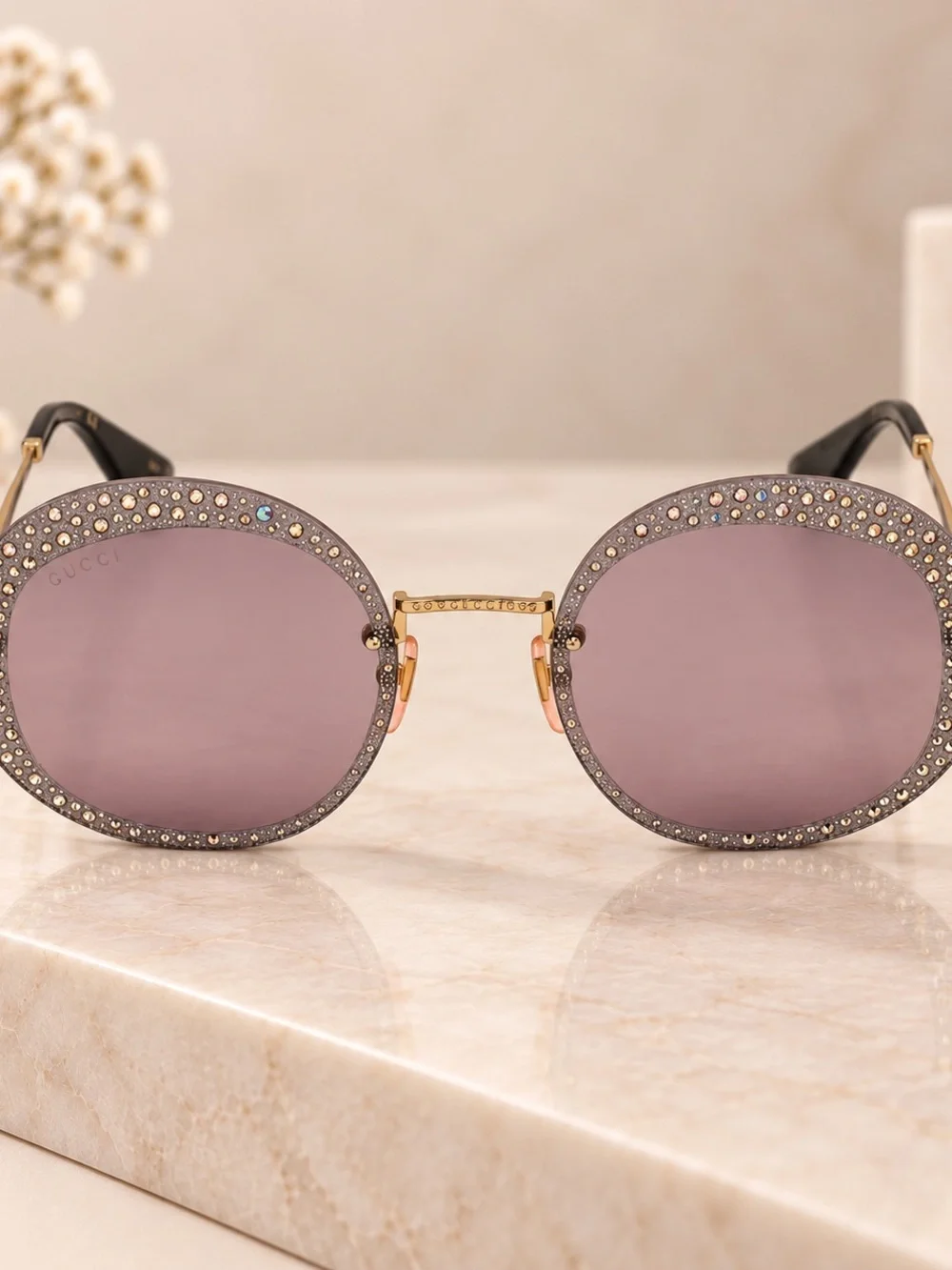 Gucci Gold-Arm Pink Lens Round Crystal Frame Sunglasses